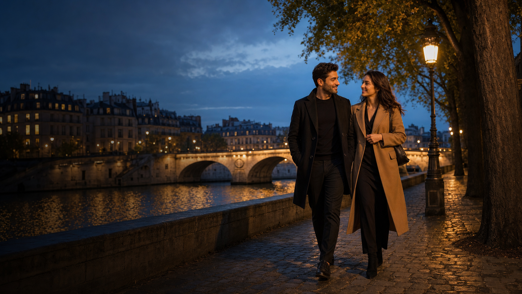Paris'te yürüyen mutlu bir çift